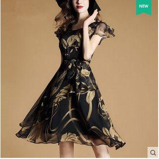 Short-sleeve Floral Print Crewneck Gathered-waist A-line Sheath Dress