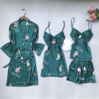 Loungewear Set : Print Suspender Sleep Dress + Camisole Top + Shorts + Robe