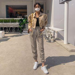 Drawstring-waist Checked Jogger Pants Beige - One Size