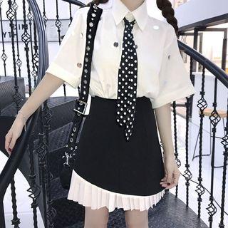 Elbow-sleeve Sequined Shirt With Dotted Tie / Pleat Panel A-line Skirt