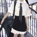 Elbow-sleeve Sequined Shirt With Dotted Tie / Pleat Panel A-line Skirt