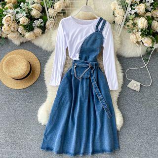 Set Of 2 : One-shoulder Denim Spaghetti-strap Dress + Plain Long-sleeve Top