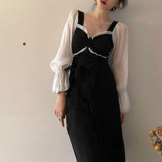 Long-sleeve Frill Trim Midi Sheath Dress