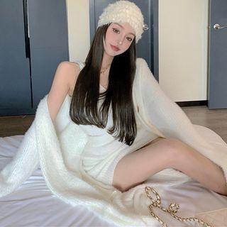 Plain Long Cardigan / Knit Crop Tank Top / Mini Skirt