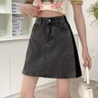 Paneled Washed A-line Denim Skirt