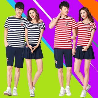 Couple Matching Set: Patch Embroidered Striped Short Sleeve T-shirt + Shorts / Pleated Skirt