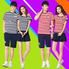 Couple Matching Set: Patch Embroidered Striped Short Sleeve T-shirt + Shorts / Pleated Skirt