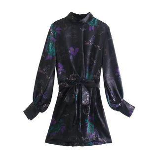 Long-sleeve Floral Print Sashed A-line Dress