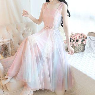 Set: Mesh Sleeveless Midi A-line Dress + Slipdress