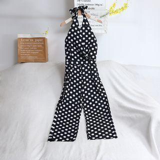 Halter-neck Dotted Wide Leg Jumpsuit