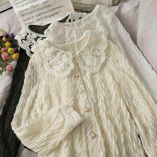 Embossed Jacquard-collar Plain Blouse