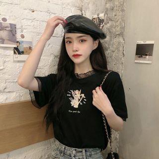 Fake Two Piece Mesh Printed Short-sleeved Top