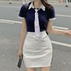 Short-sleeve Polo Shirt / Neck Tie / Pencil Skirt / Set