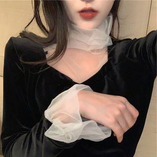 Turtleneck Mesh Panel Velvet Top