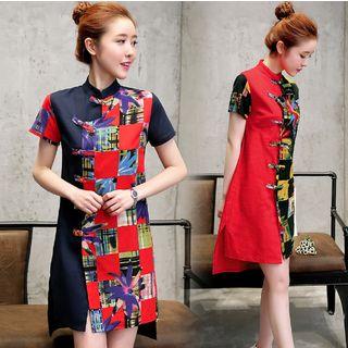 Contrast Panel Mandarin Collar Short-sleeve Dress