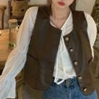 Single-breasted Faux Leather Vest / Bell-sleeve Blouse