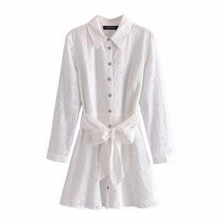 Tie-waist Eyelet Lace Mini Shirtdress