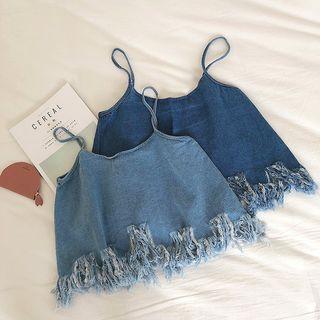 Asymmetric Frayed Denim Strap Top