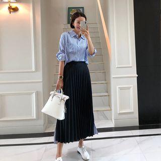 Band-waist Striped-detail Pleated Skirt