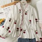 Rose-embroidered Ruffled V-neck Shirt White - One Size