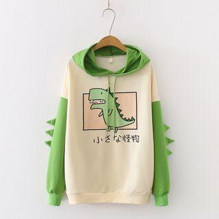 Cartoon Print Two-tone Hoodie Green - One Size