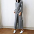 Set: Round-neck Knit Top + Band-waist Pants