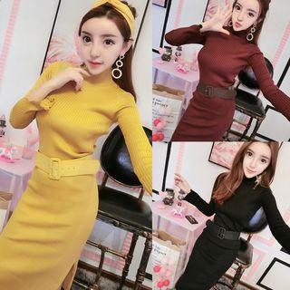 Mock Neck Midi Rib Knit Dress With Belt