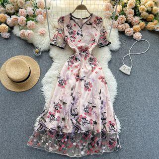 V-neck Floral Embroidered Mesh Midi A-line Dress