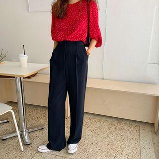 High-waist Plain Dress Pants / Puff-sleeve Polka Dot Blouse