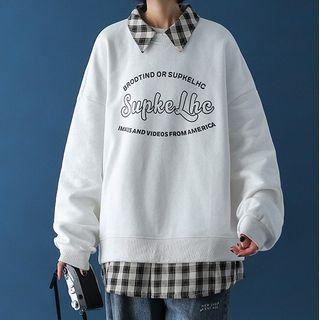 Mock Two-piece Plaid Trim Collared Lettering Print Sweatshirt