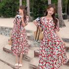Short-sleeve Cherry Print A-line Midi Dress