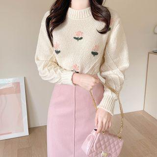 Flower Embroidery Sweater Ivory - One Size