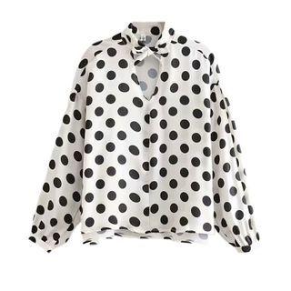Bow-neck Cutout Dotted Blouse