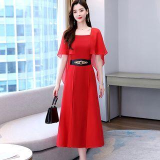 Flared-sleeve Square Neck Midi A-line Dress