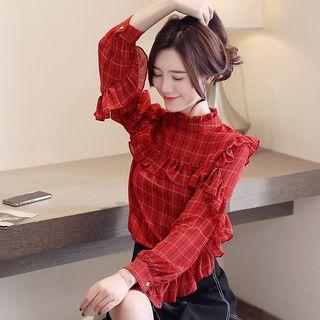 Long-sleeve Plaid Ruffle Chiffon Top