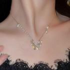 Butterfly Rhinestone Pendant Faux Pearl Alloy Necklace Gold & White - One Size