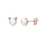 925 Sterling Silver Plated Rose Gold Cute Cat Pearl Stud Earrings Rose Gold - One Size