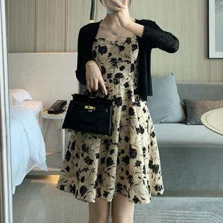 Plain Cardigan / Spaghetti Strap Floral Mini A-line Dress / Set