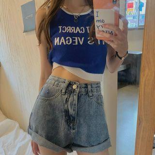 Sleeveless Lettering Knit Top Blue - One Size