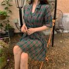 Short-sleeve Double Breasted Plaid Dress Plaid - Green - One Size
