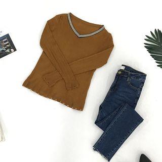 V-neck Long-sleeve Knit Top Brown - One Size