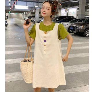 Set: Short-sleeve T-shirt + Sleeveless A-line Mini Dress T-shirt - Green - One Size / Dress - White - One Size