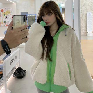 Hooded Mock Two-piece Faux Fleece Panel Zip Jacket