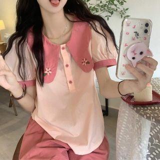 Short-sleeve Flower Embroidered Blouse / Plain Shorts
