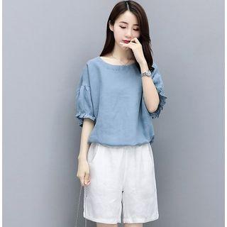 Set: Elbow-sleeve Linen Top + High-waist Shorts