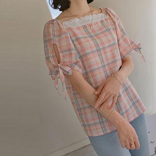 Tie-sleeve Lace-detail Checked Top