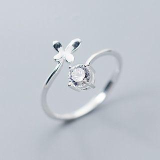 925 Sterling Silver Rhinestone Butterfly Open Ring S925 Silver - Ring - One Size