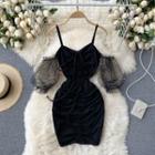 Short-sleeve Mesh Panel Cold-shoulder Mini Dress