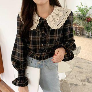Peter Pan Collar Embroidered Blouse Plaid - One Size