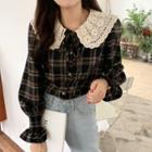 Peter Pan Collar Embroidered Blouse Plaid - One Size